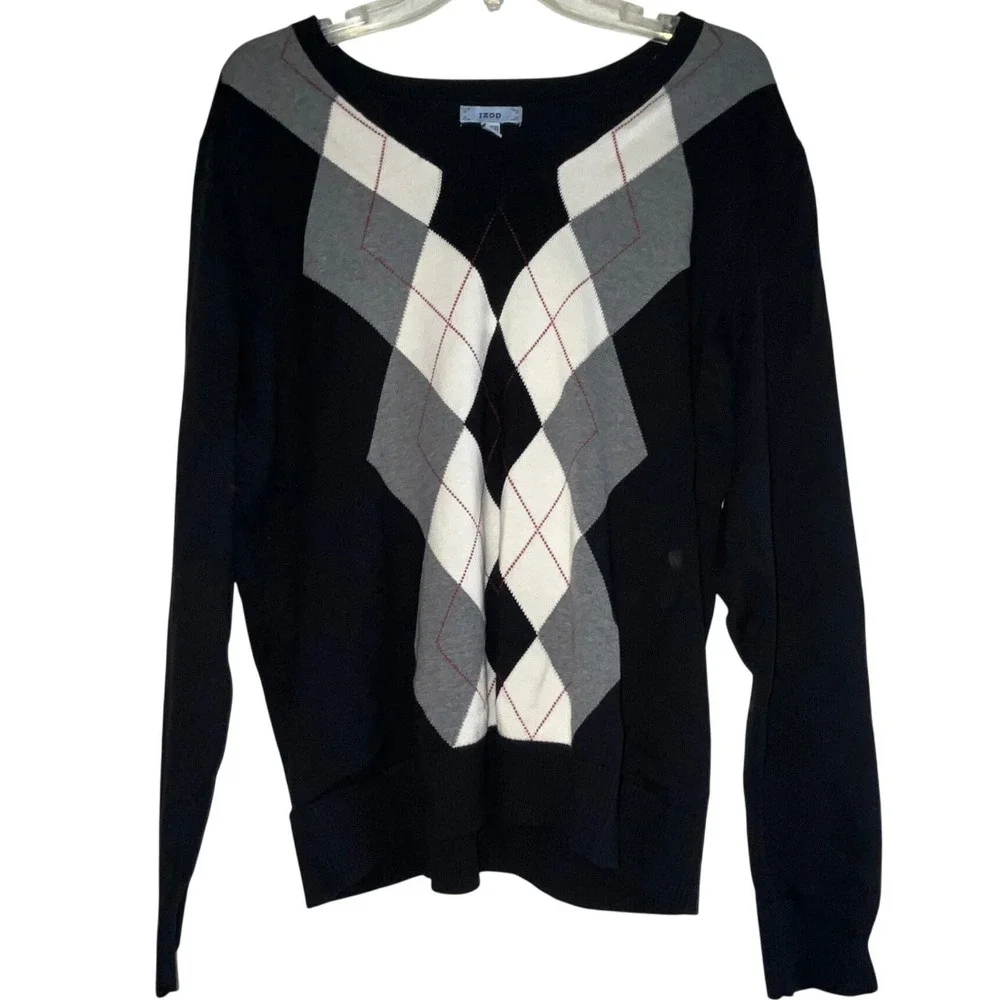 Izod Mens XXL Argyle V-Neck Sweater Black Grey‎ White 100% Cotton PC-759
